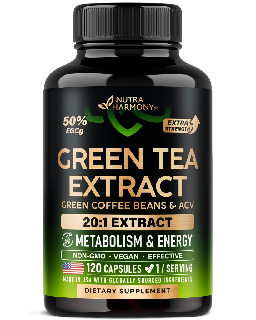Capsule de extract de ceai verde cu fasole verde de cafea și cidru de mere - Energie și suport metabolic - Ceai verde 50% EGCG - 20:1 Extract natural - pentru bărbați și femei - 120 capsule Vegan