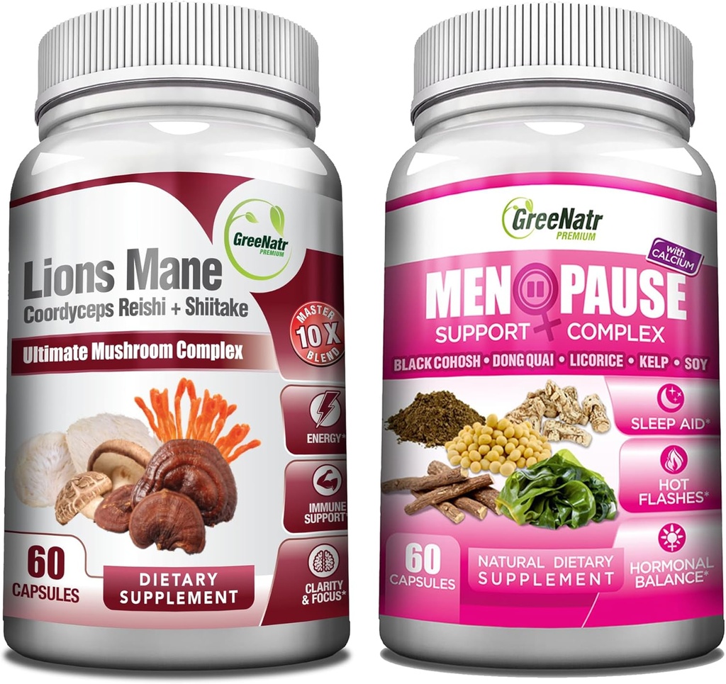 GreeNatr Energy Boost Plus Menopause Support Bundle: Suplimentul nostru de ciuperci oferă un impuls de energie naturală, promovarea vitalității susținute + Herbal Menopause Complex pentru Flash-uri fierbinți, transpirații de noapte