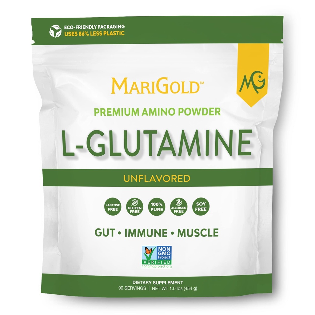 MariGold Pure L-Glutamine Powder - Sanatos Gut, Imun, și suport muscular, Non-GMO, Gluten Free, Soy & Allergen Free (5g / 5000 mg per Serving)