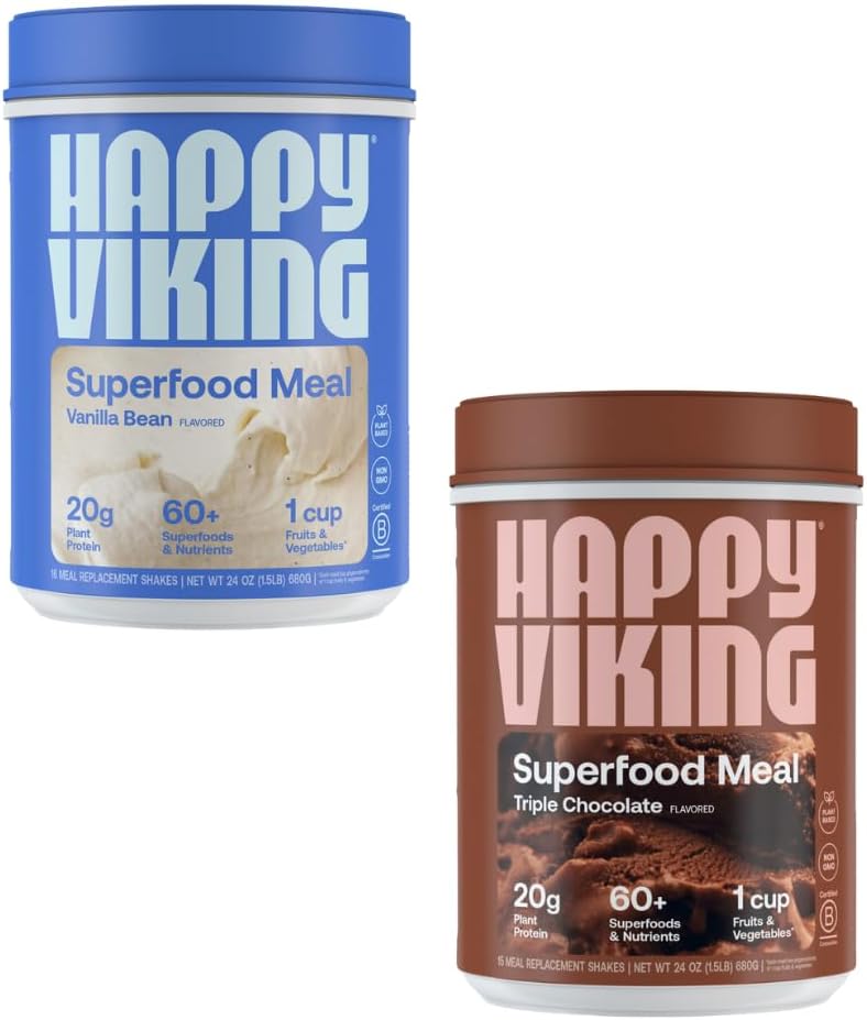 Happy Viking Vanilla and Chocolate Proteine Powder, by Venus Williams, 20G Proteine, Low Carb, Keto, Vegan, Gluten-Free, Superfoods, Complete Meal Support, 2 Canisters (24 oz. Fiecare)