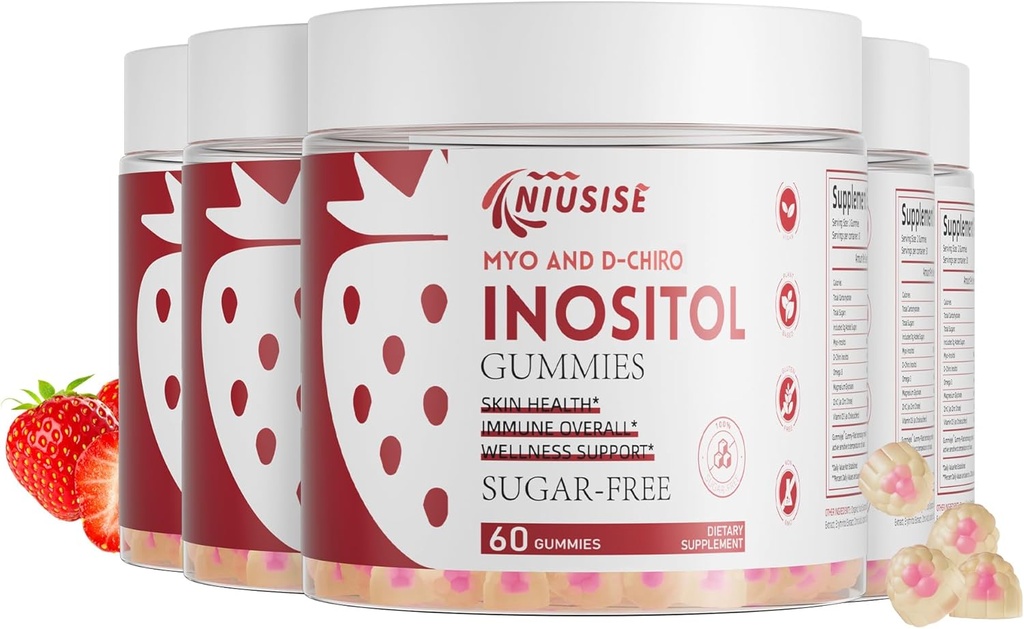 Inozitol Gumies, Inozitol Supliment cu Myo-Inositol & D-Chiro Inositol + vitamina D3, Ideal 40:1 Raport, cu magneziu Glycinate 400mg, Suportă ciclu regulat pentru femei, Vegan, 5 ambalaj