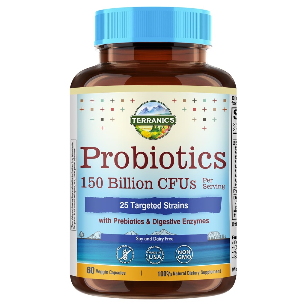 Terranics Daily Probiotics pentru bărbaţi şi femei, 150 Miliarde 25 Strains Colon Care Probiotice, cu prebiotice şi enzime, Regularitate sănătoasă, Lansare întârziată, Perioada de valabilitate Stable, 60 Veggie Caps