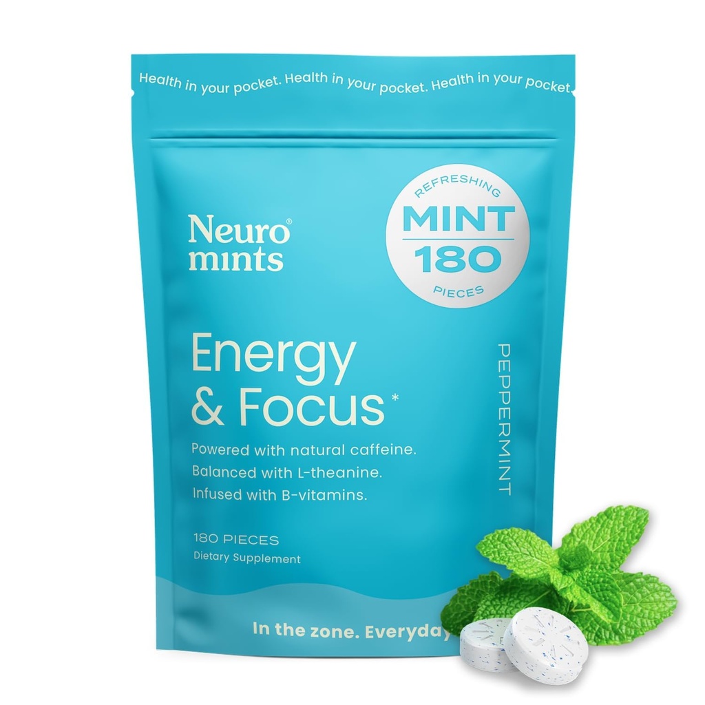 Menta NeuroGum Energetica Cafeina (180 bucati) - Zahăr fără L-teanină + Cafeină naturală + vitamina B12 & B6 - Nootropic Energy & Focus Supliment pentru femei și bărbați - Keto & Vegan, Aroma de mentă