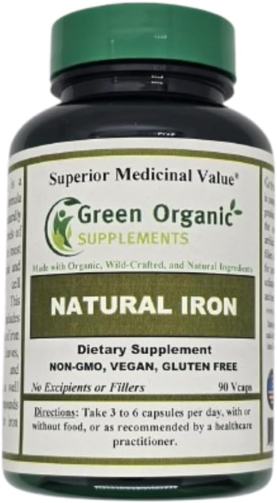 (Pachet de 1) Suplimente organice verzi de fier, 2000mg capsule organice de fier, 90, manual realizate, Vegan, non-GMO, & Gluten capsule naturale de fier