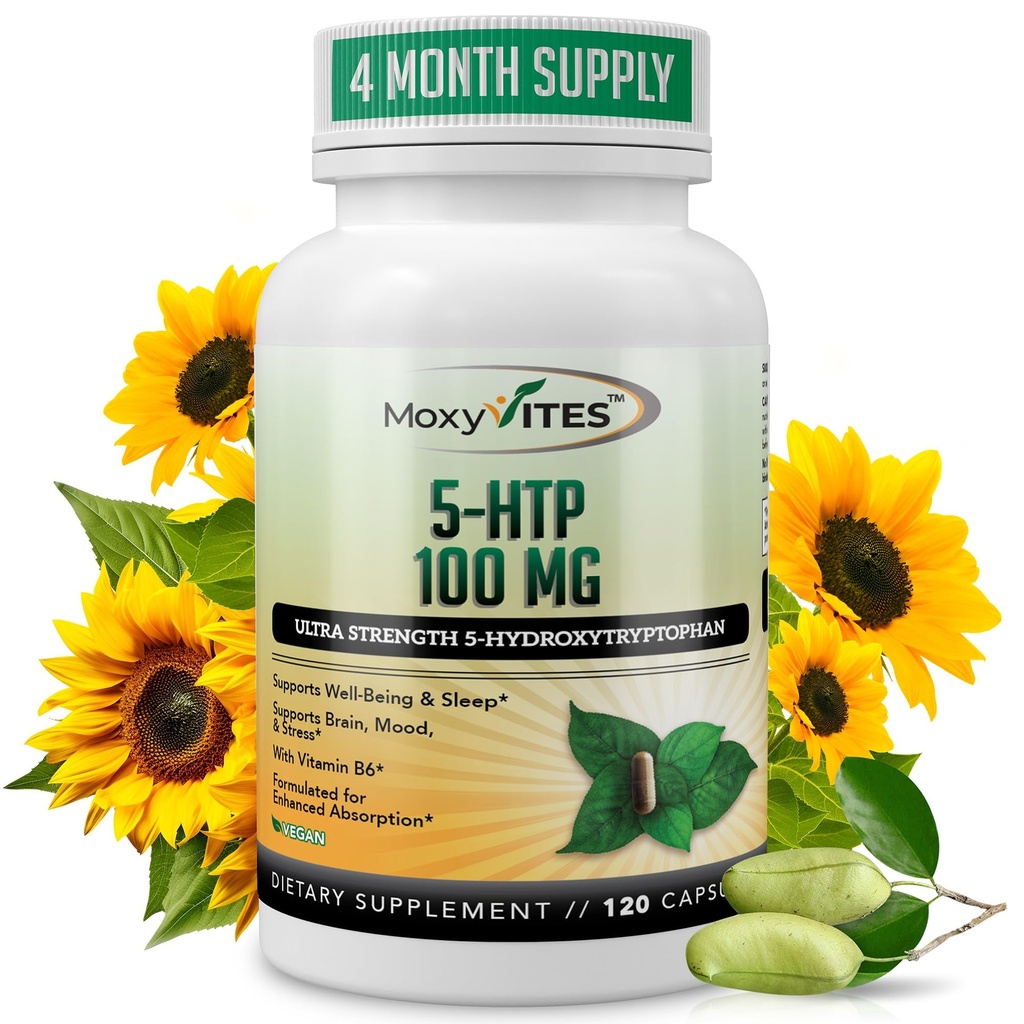 MoxyVites 5HTP 100mg Supliment, Plus B6, 5 HTP Alimente organice integrale - Cel mai bun Booster serotonina - non-GMO, 120 capsule Vegan