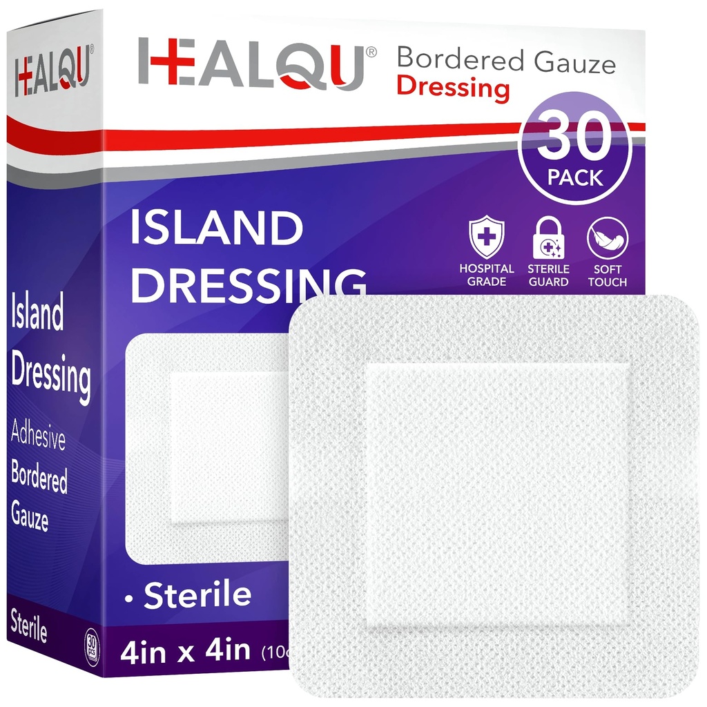HEALQU Island Dressing - 4"x4, 30 Count - Bordered Gauze Sterile individuale învelite Pad-uri de gauze, apă-rezistant, non-Woven Backing - moale și respirabil Wound dressing pentru primul ajutor și medicale