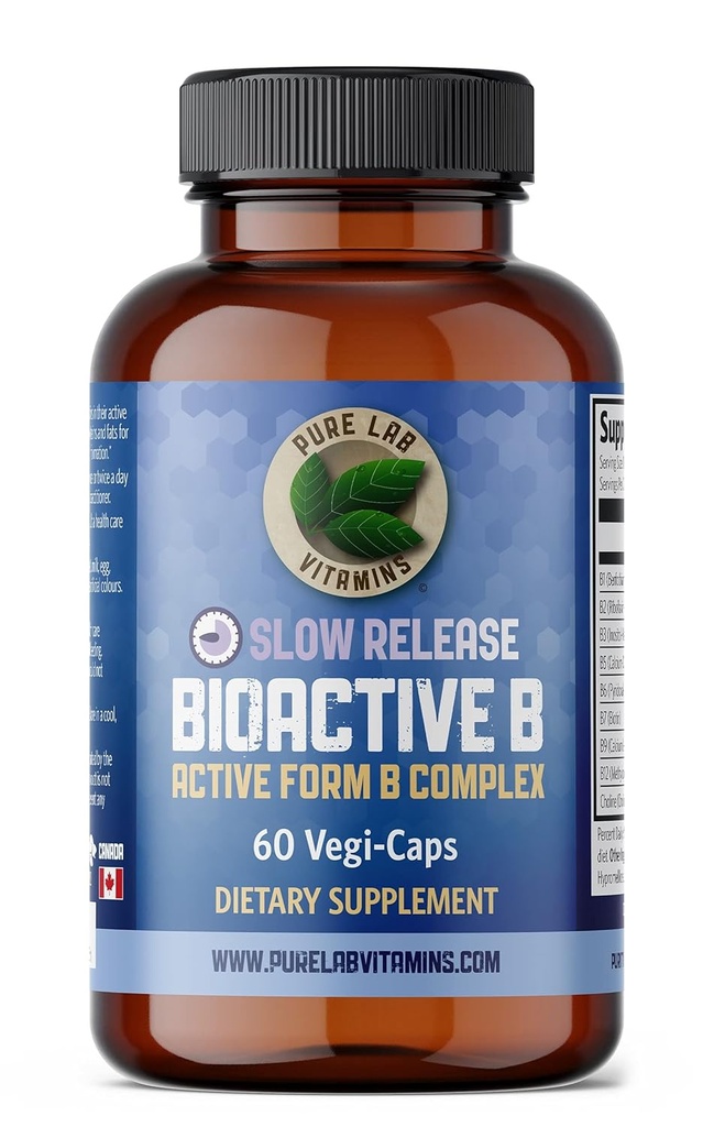 Bioactive B Complex Supplement - 60 Vegan Caps by Pure Lab Vitamins - Slow Release Active Formula (B1, B2, B3, B5, B6, B7, B9, B12) - 30 Days Supply, Gluten & Sugar Free 
