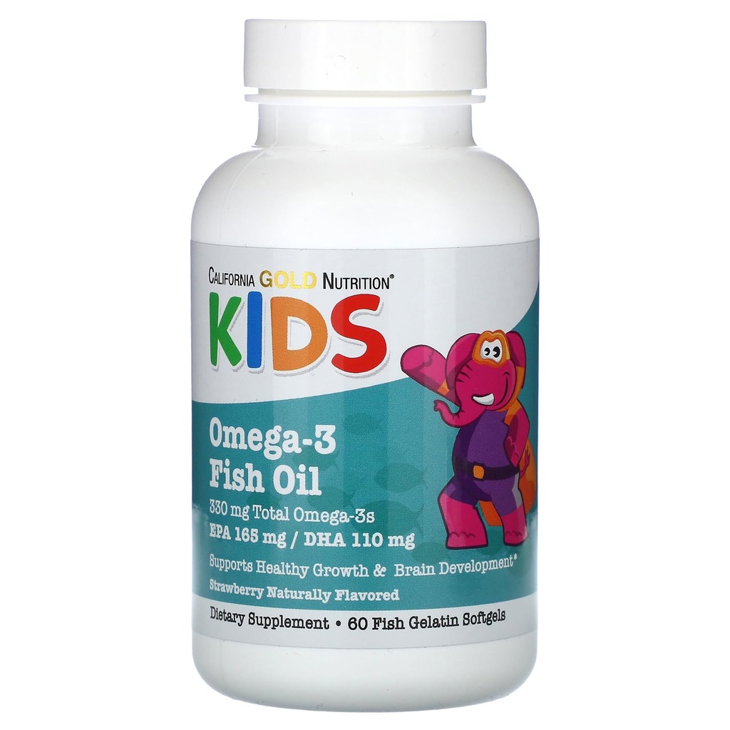 California Gold Nutrition Kids Omega-3 ulei de pește, căpșuni naturale, 60 de pește Gelatină Softgels
