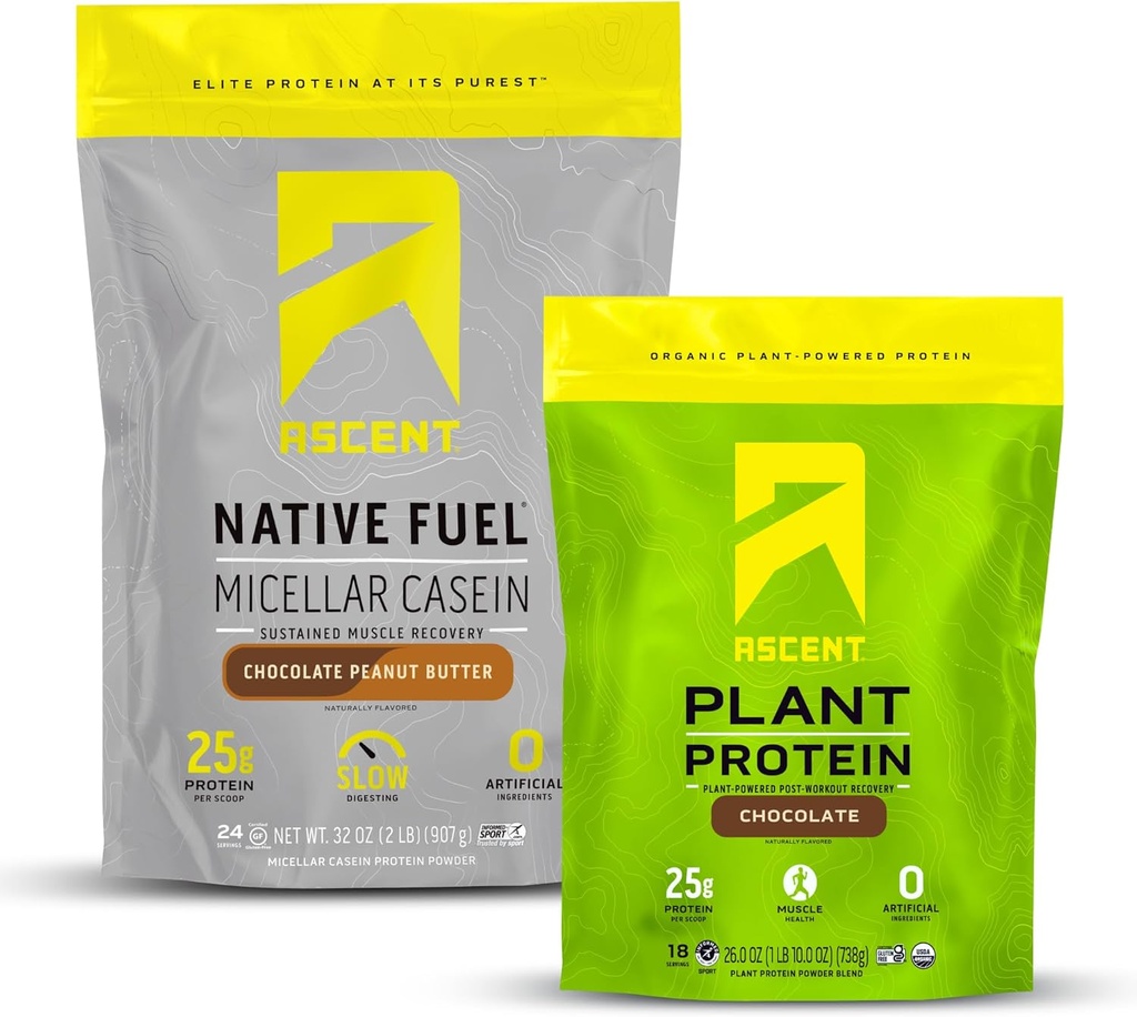 Ascens Casein Pudră de proteine Ciocolată Unt de arahide 2 lb și plantă Pulbere de proteine Ciocolată 18 Serviri