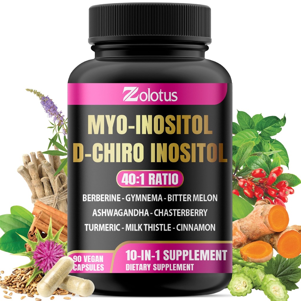 Zolotus Myo-Inositol & D-Chiro Inositol Ideal Ratio Inositol Supliment cu Bitter Melon, Milk Thistle, Turmeric, Gimnema, Chasteberry, Ceylon Scorțișoară, Ashwagandha, Berberine - 90 capsule