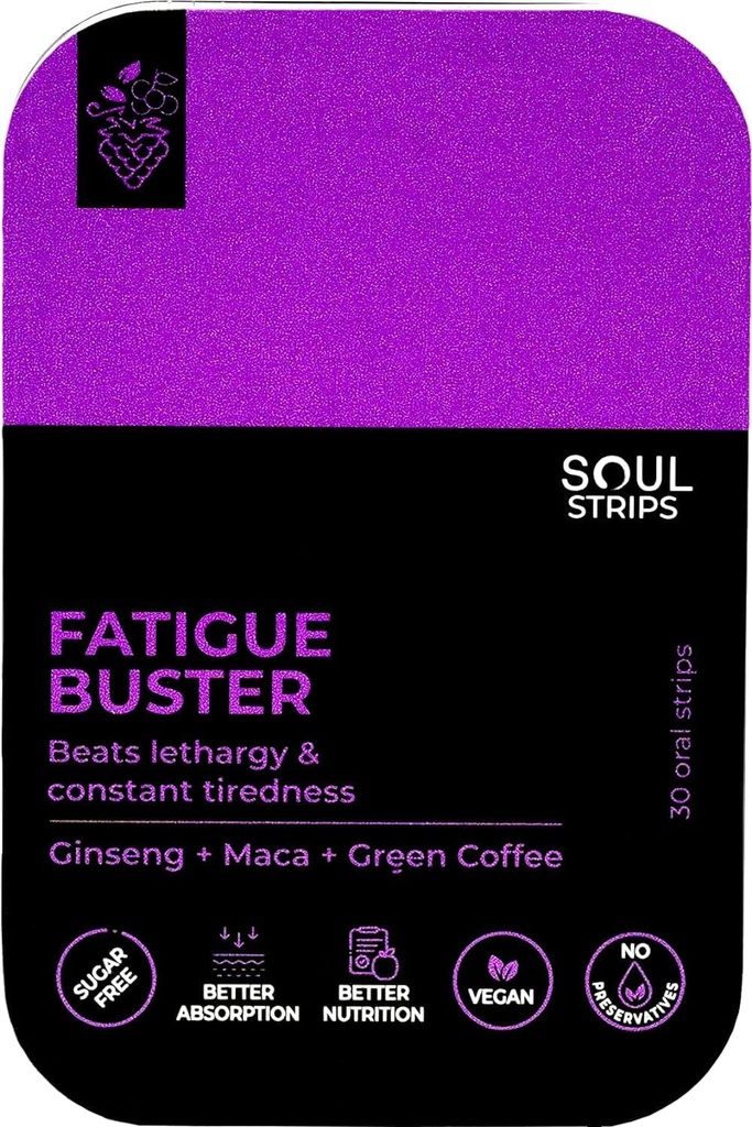 Oboseala Soul Strips Buster Ginseng, Maca, Cafea verde, Reduce Oboseală mentala si fizica, Aroma de fructe de padure mixte, Absorb rapid, Utilizare zilnica, Zero Sugar, Vegan, 30 Strips Pack