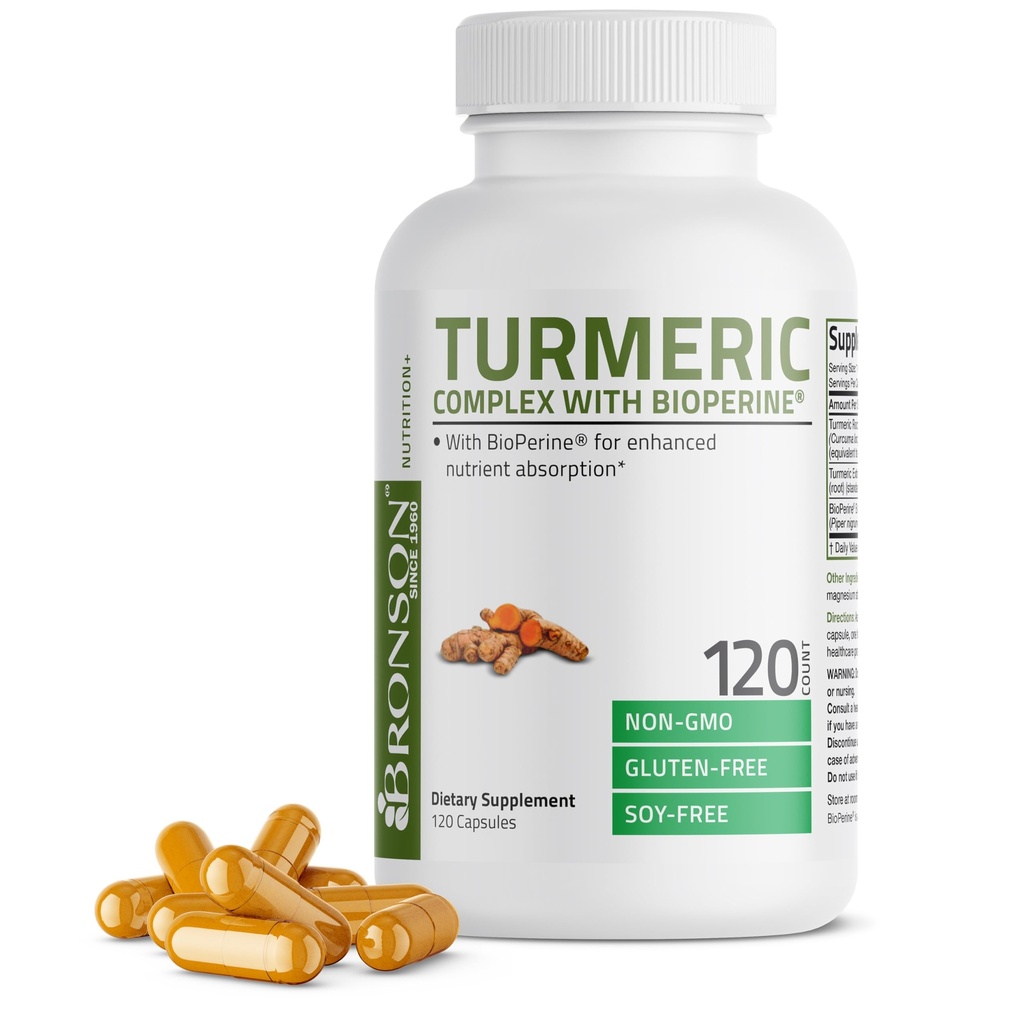 Bronson Curcumin Turmeric cu BioPerine - suport comun de înaltă potenţă Premium cu 95% Curcuminoide standardizate - Capsule non-GMO cu Pepper negru - 120 Conte