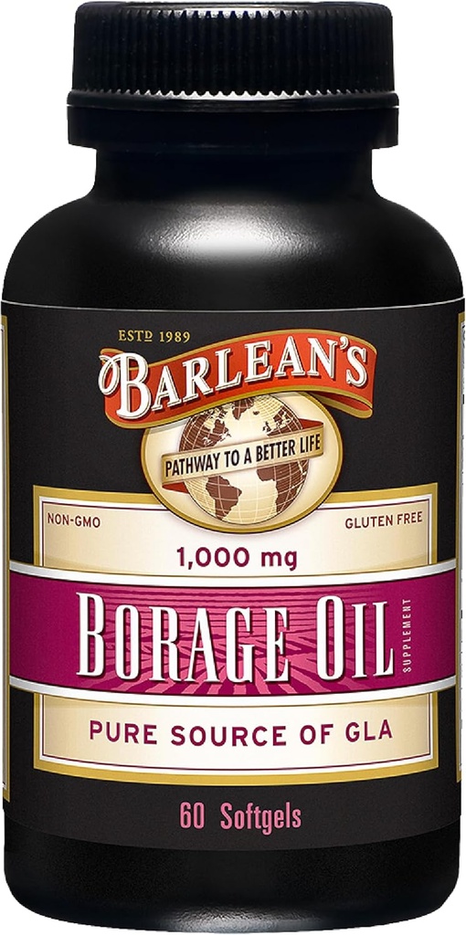 Suplimente de ulei de Boraj Barlean, presat rece Borage Pure Borage Supliment de ulei Softgels pentru bărbați și femei, 1000 mg GLA acizi grasi, 60 Conte