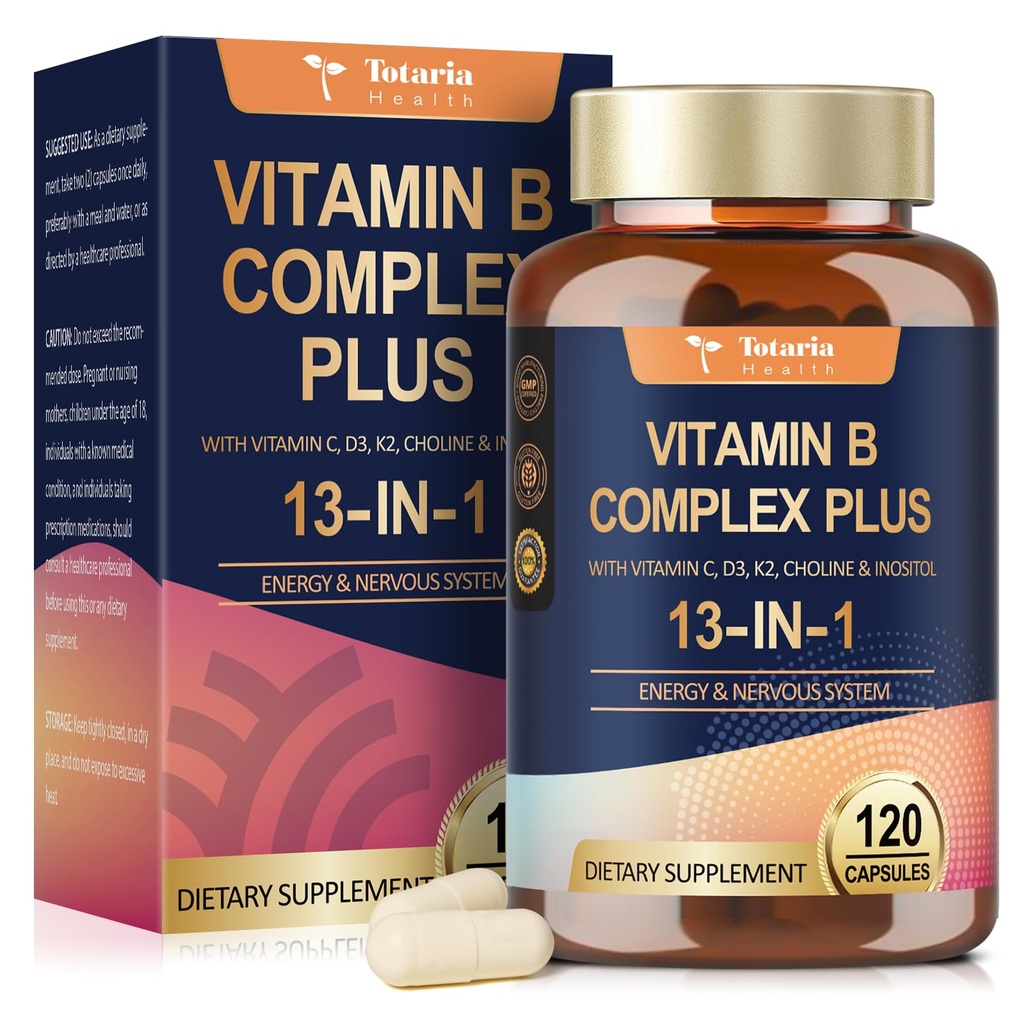 13-in-1 Vitamina B Complex Plus cu vitamina B1, B2, B3 (Niacinamidă), B4, B5, B6, B7 (Biotina), B8 (Inositol), B9 (Folat), B12, C, D3, K2 - Energie, Nervi, Imun, Skin Support - 120 Vegan Capsule
