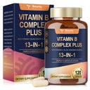 13-in-1 Vitamina B Complex Plus cu vitamina B1, B2, B3 (Niacinamidă), B4, B5, B6, B7 (Biotina), B8 (Inositol), B9 (Folat), B12, C, D3, K2 - Energie, Nervi, Imun, Skin Support - 120 Vegan Capsule