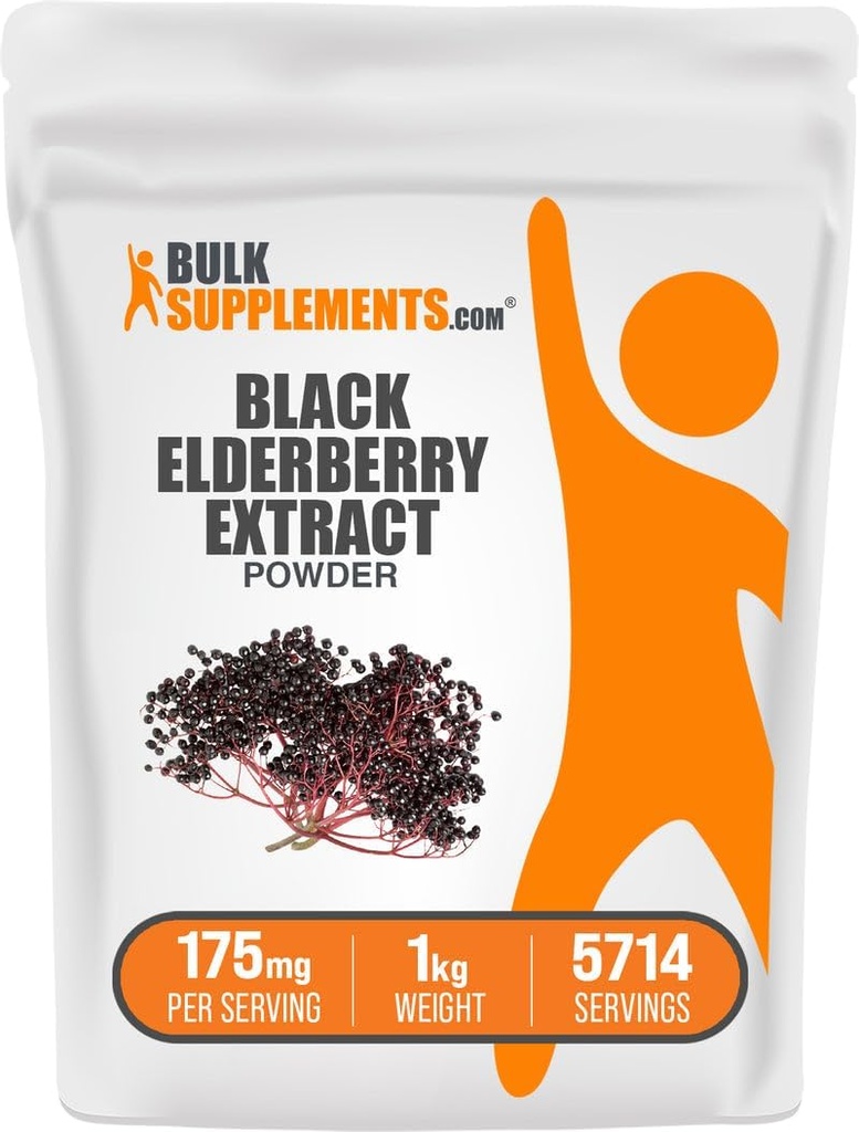 BulkSupplements.com Elderberry Extract pulbere - Elderberries Stored from Black Elderbrry, Immune Supplement - Gluten Free - 175mg per Serving, 1kg (2,2 lbs) (Pachet de 1)