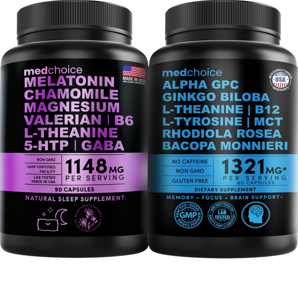 MEDCHOICE Melatonina de somn (90ct) și Nootrop Brain (60ct) Supliment Bundle - Wellness Duo pentru somn, creier, Focus, & Mood Support - Vegan, Non-GMO, Gluten-Free