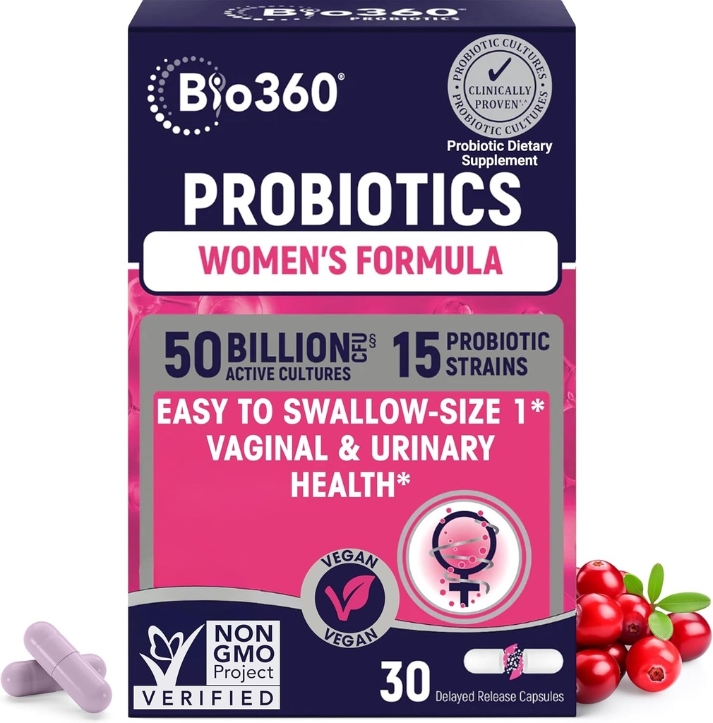Bio360 Probiotice pentru femei Vaginigal Health - Sprijină echilibrul pH-ului, vaginal, urinar, & Digestive Health - 50 Miliarde CFU & 15 Tulpini unice pentru odor vaginal și flora vaginală sănătoasă - Perioada de valabilitate Stabil