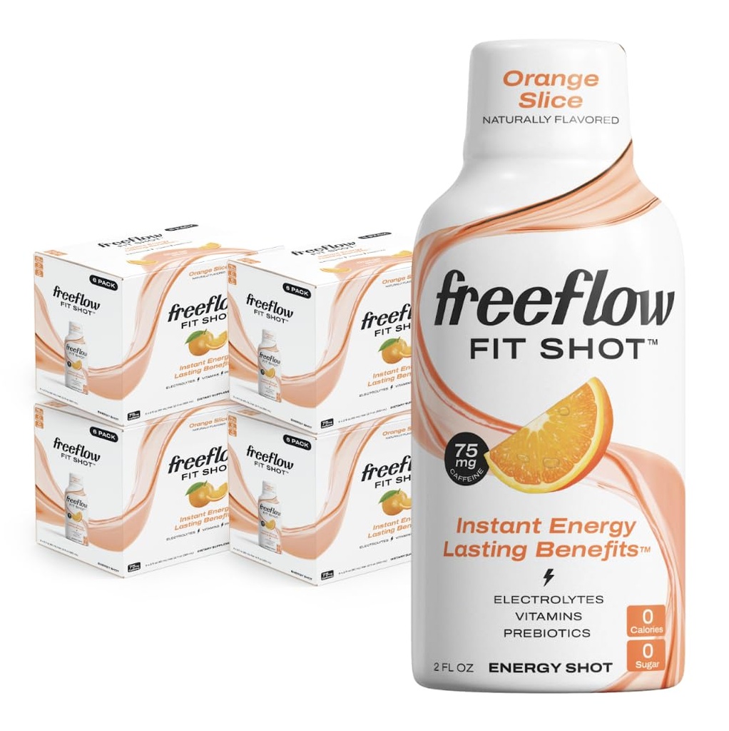 Freeflow Fit Energy Shots, Orange Slice, Natural Caffeine Boost cu L-theanină, Ginseng, Vitamine, Prebiotice, Electroliti (24 Conte, 2oz Shots)