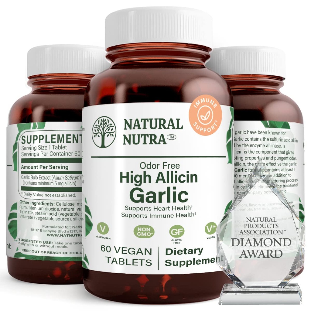 Natural Nutra High Allicin Usturoi Supliment, Sprijină Sistemul imunitar, Îmbunătățește Sănătatea inimii, Îmbunătățirea Enzime Sănătate, Digestia mai bună, Lupte Rece și Flu, Vanilie Coating, 500mg, 60 comprimate Vegan