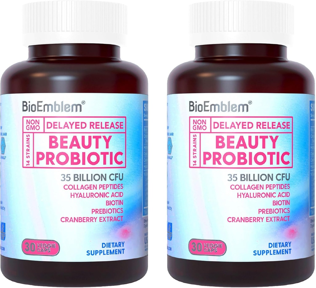 BioEmblem Beauty Probiotice pentru femei, 35 Miliarde CFU 14 Tulpini cu Biotin, Colagen, Prebiotice pentru Digestive Health, Hair Skin and Nails, Vaginal Probiotics Supliment, Perioada de valabilitate Stabil, 60 Capsuri