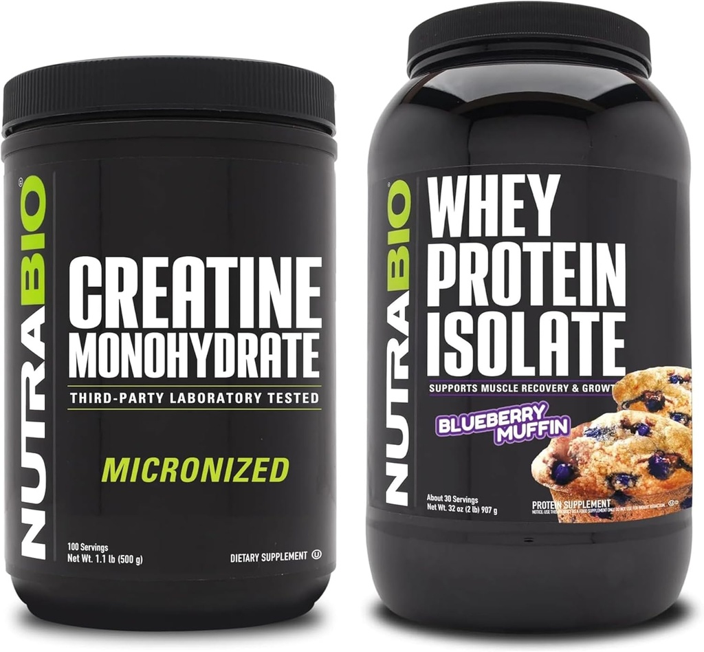 NutraBio Creatina Monohidrat, Nearomate, 500g și Whey Proteine Izolat, Blueberry Muffin, Supliment Bundle - Energie musculară, Lean musculare de creștere, recuperare, și puterea