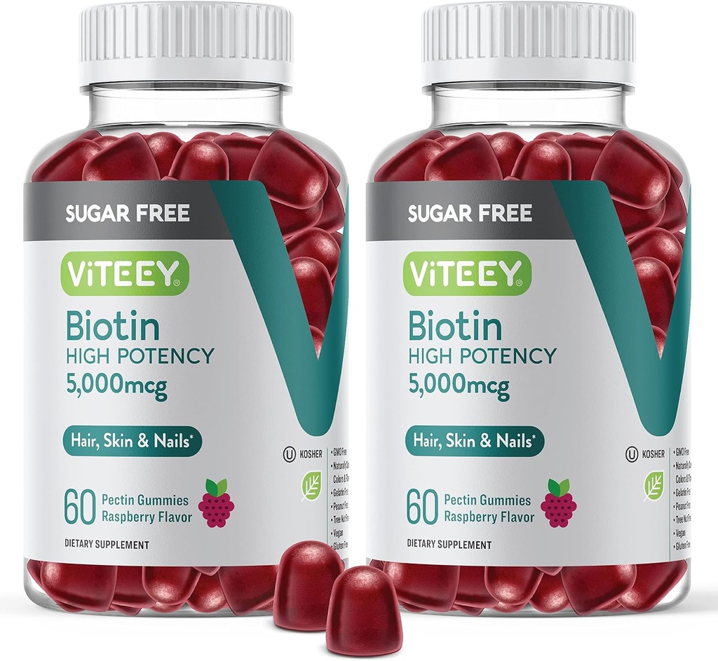 VITEEY Biotin Gummies pentru păr, piele, și unghii 5000mcg - zahăr gratuit - Gumiile de creștere a părului, Skin Healthy luminos, puternic de creștere a unghiilor sănătoase - Vegan, gluten gratuit, gelatină gratuit- aroma de zmeura masticabil