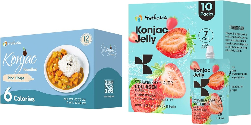 Hethstia Konjac Jelly Strawberry Flavor cu Colagen Peptides 10 Packs și Konjac Rice Gluten gratuit 12 Packs Calorie scăzut, Keto, Sugar Free, Hrană sănătoasă