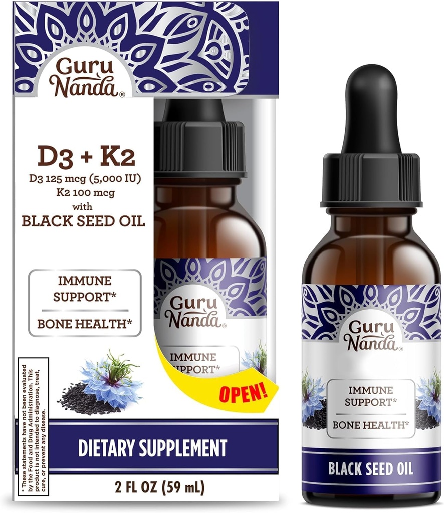 GuruNanda Wellness Bundle: lichid Ashwagandha cu Bacopa (1 Fl Oz) pentru sprijin de focalizare și relaxare și ulei negru de semințe (2 Fl Oz) cu vitamina D3, K2 & E pentru stimularea imună - Vegan & Non-GMO