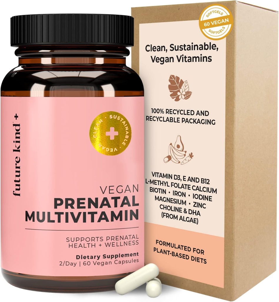 Viitor fel Vegan Prenatal Vitamina cu DHA & L-metilfolat în Sticla de sticlă - Folat prenatal Supliment pentru femei cu vitamina D & E, fier & Biotina - Gluten-Free, non-GMO (60ct)