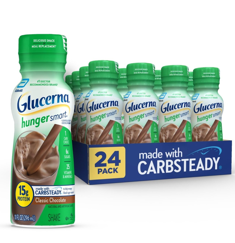 Glucerna Foamea Ingrijirea Diabetului Inteligent Shake, Ciocolata clasica, Inlocuirea mesei diabetice pentru sustinerea managementului zaharului din sange, 15g Proteina, 180 Calorii, gata de baut, 10-flash sticla, 24 Pack