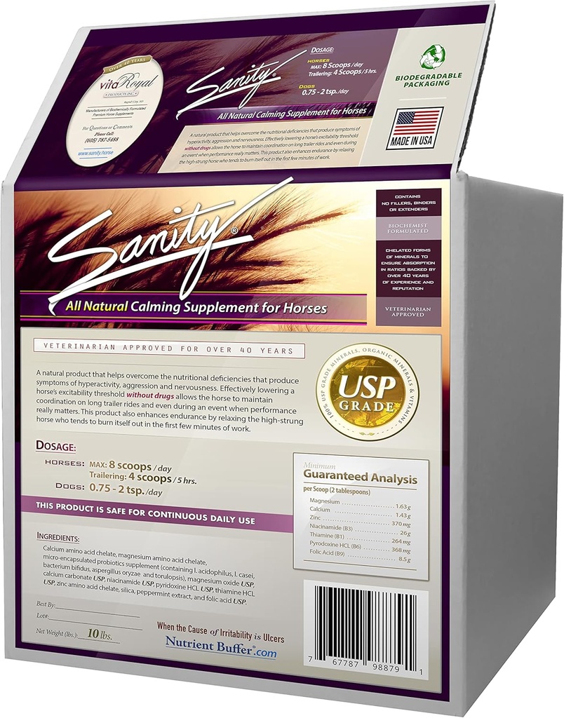 Sanatate - Equine Behavioral calming Supliment de focalizare pentru cai - Magneziu, Calciu, Zinc, B Vitamine, Aminoacidi, Probiotice, Tiamină, Acid folic, Niacin, Peppermint & More