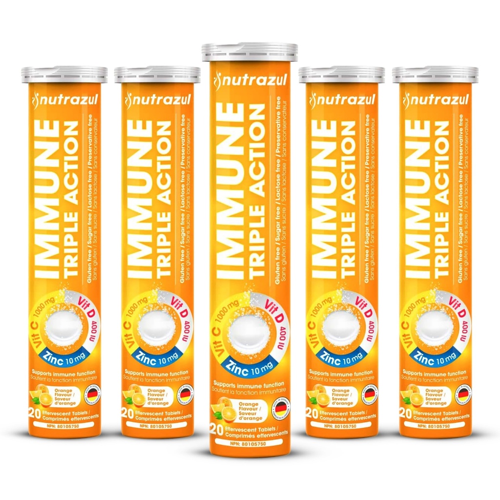 Nutrazul Immune Triple Action Tablete Effervescent cu vitamina C 1000mg, Vitamina D, Zinc, Suport Daily Routine, Gluten-Free, Zahăr-Free, Lactoză-Free, Orange Flavor, 20 comprimate (Pachet de 5x20)
