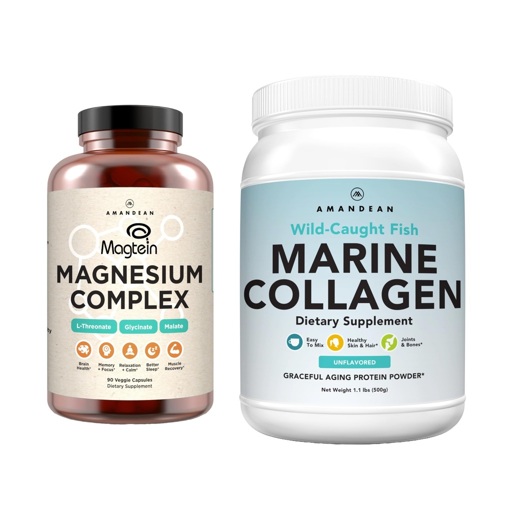 AMANDEAN Premium Magneziu Complex & Marine Colagen Bundle. Threonat de magneziu cu absorbţie ridicată, Glicinat & Malat. Proteină de colagen. Suport de calitate somn, piele și stare de spirit