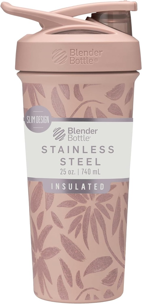 BlenderBottle Strada Flip Shaker Cupa izolat din oțel inoxidabil sticla de apă cu whisk sârmă, 25-Ounce, Brown Flori