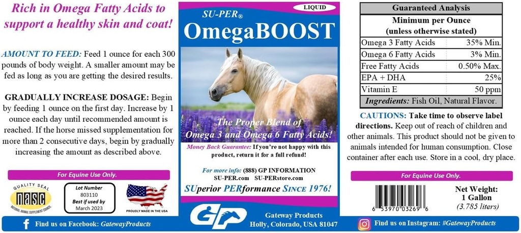 SU-PER OmegaBOOST Ulei de pește pentru cai - Premium Omega 3 și Omega 6 supliment de acid gras - Sprijină piele sănătoasă și haină - 1 galon