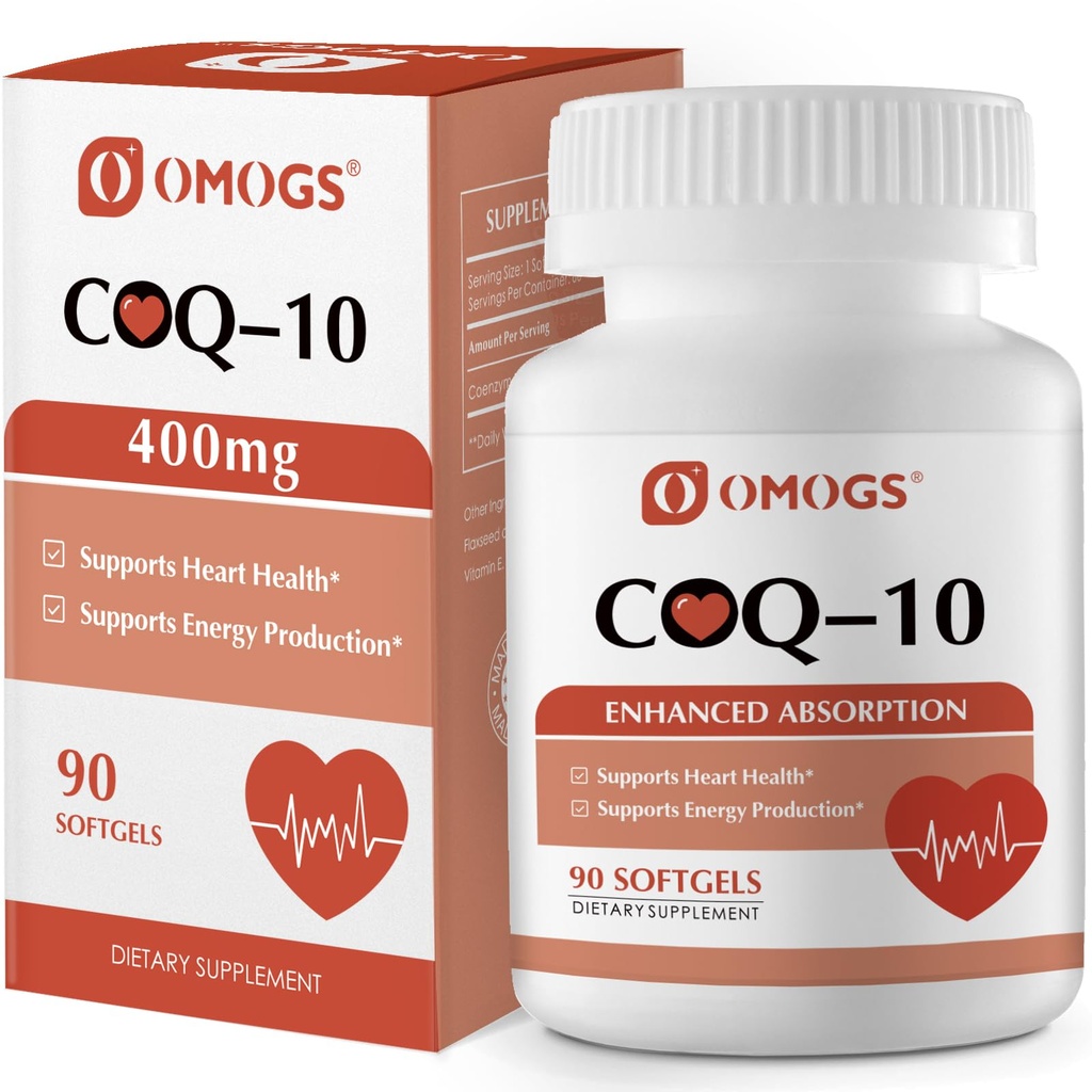 OMOGS CoQ10 400mg Softgels, Coenzima Q10 Suplimente de absorbţie ridicată Suport Heart Health, Cardiovascular Health, Immune System & Cellular Energy Production, Gluten Free, 90 Softgels