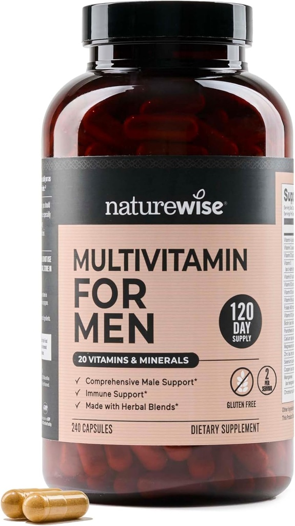 NatureWise Multivitamine pentru barbati - Daily Masculin Support - Minerale & Herbs for Energy, Performance, Imunity - with Vitamin A, C, D, B-Complex - Soy & Gluten-Free, Non-GMO - 240 Capsule[6-Month Supple]