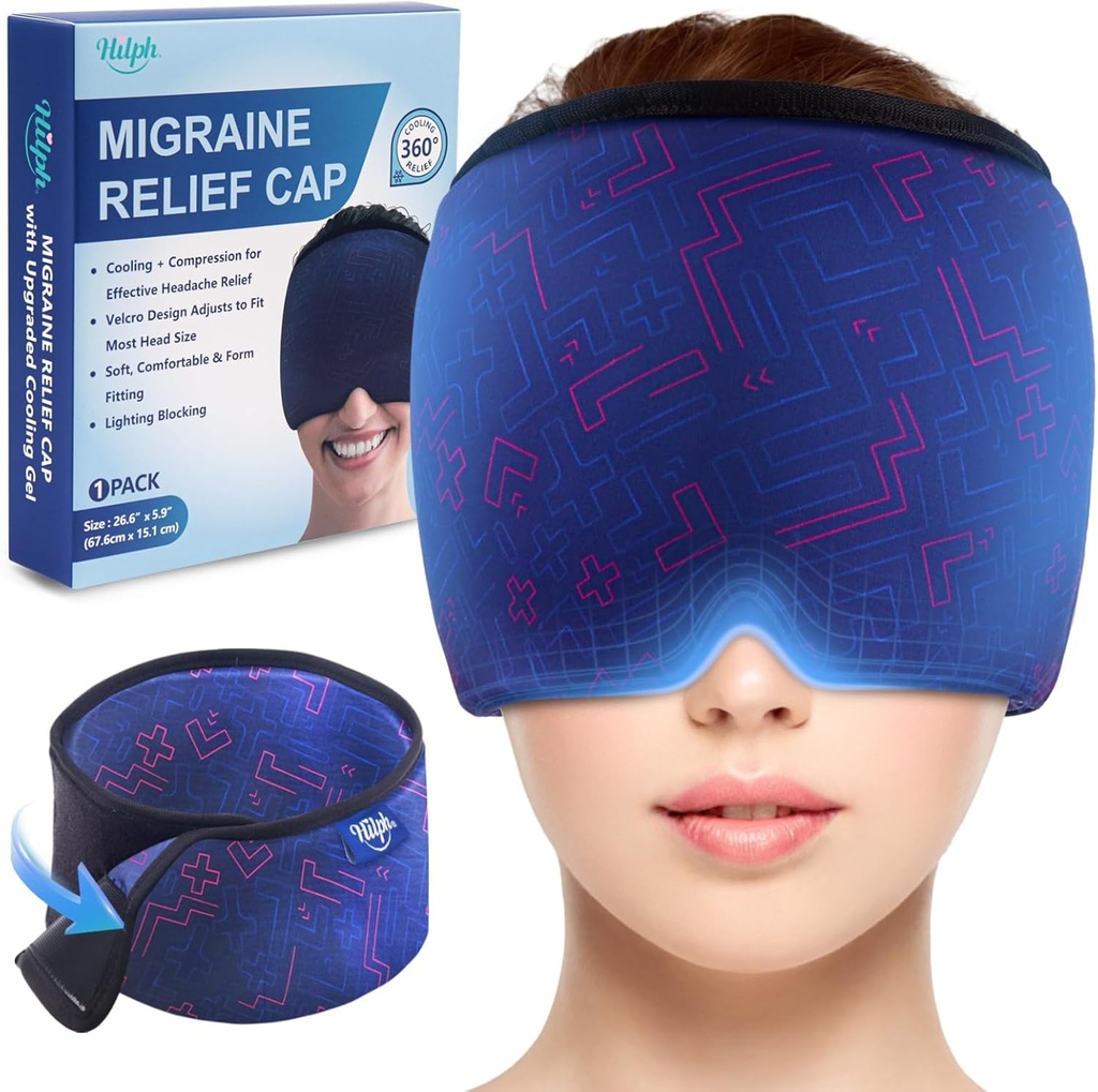 Hilph Migrene Capac de ajutor reglabil cu Gel îngroșat Cold Compress, Cap de ajutor pentru dureri de cap, Face Cooling Masca Gel cap înfășurare pentru tensiune, stres și mahmureală, Cadouri soothing pentru femei bărbați albastru