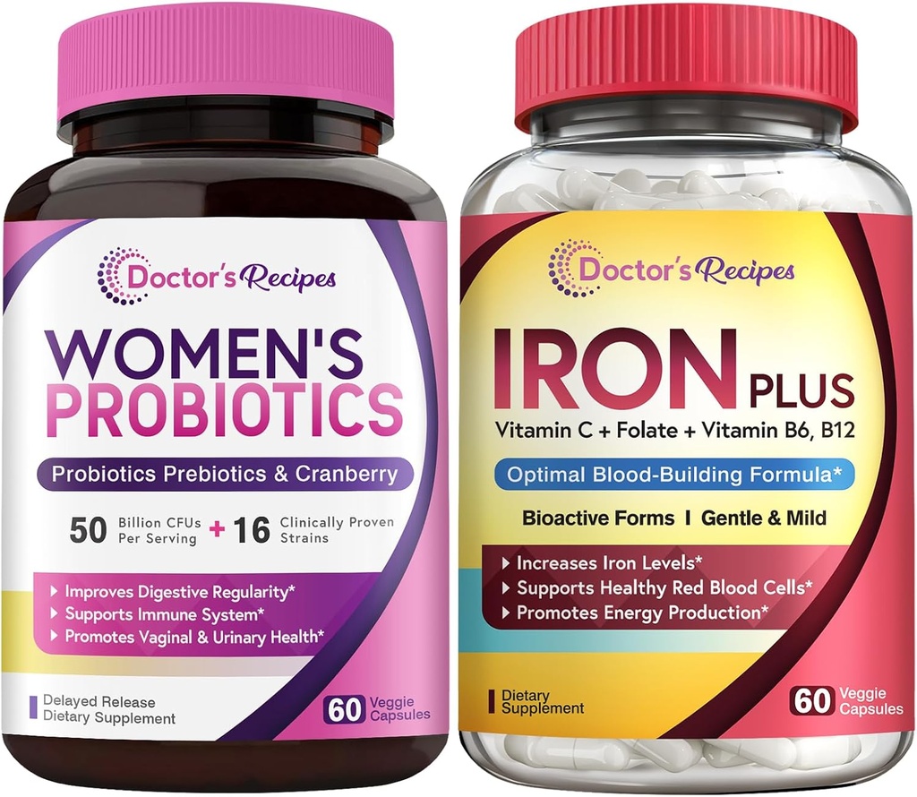 Reţete pentru doctor Probiotice şi Fier Plus Bundle, Feminine Health & Blood Support, Capsule Probiotice 60ct & Capsule de Fier 60 ct