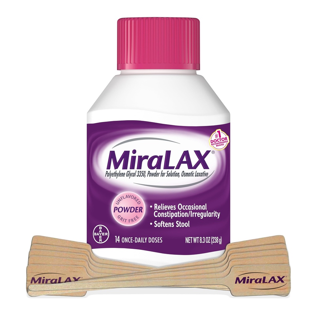MiraLAX Pulbere laxativă, Relief de constipaţie blândă pentru adulţi, Stool Softner cu PEG 3350, Laxativ nestimulant, Fără efecte secundare dure, Include Stirrer, 14 Doza