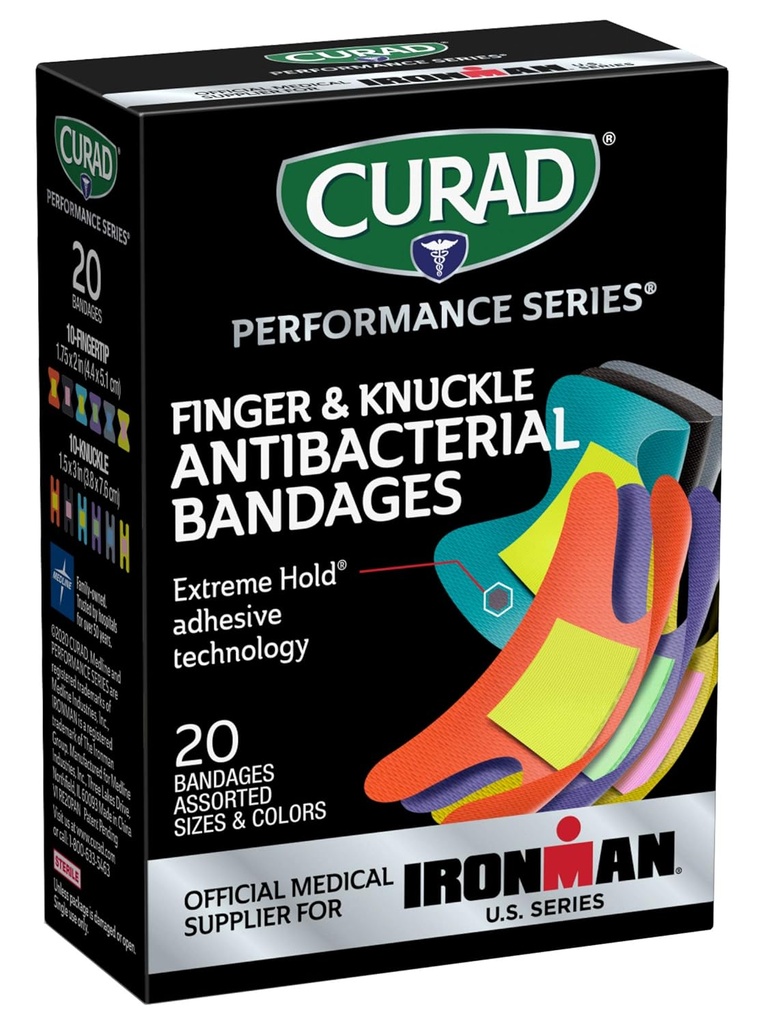 Seria de performante IRONMAN Bandaje antibacteriene, Tehnologie Adeziva Hold Extreme, Bandaje Deget & Knuckle, Material flexibil, Pachet de varietati cu dimensiuni si culori asortate, 20 Conte