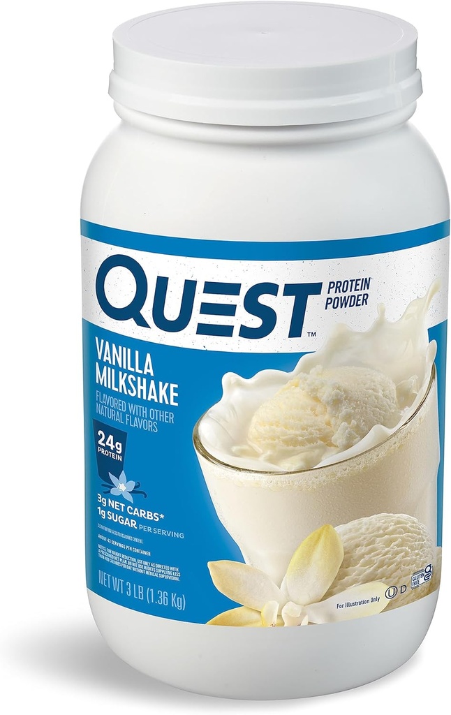 Quest Nutriție Vanilla Milkshake Pulbere Proteină, 24g de proteine, 1g de zahăr, Carb scăzut, Gluten gratuit, 3 Lire, 43 serviri