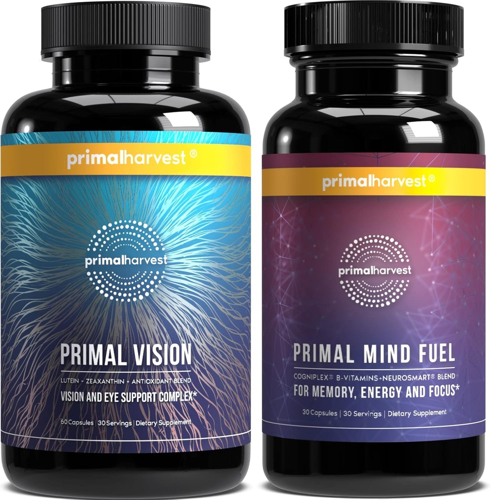 Primal Harvest Creier Boost & Vision Suplimente pentru femei și bărbați Viziune și suport ocular Complex cu lutein, Zeaxantină Bundle