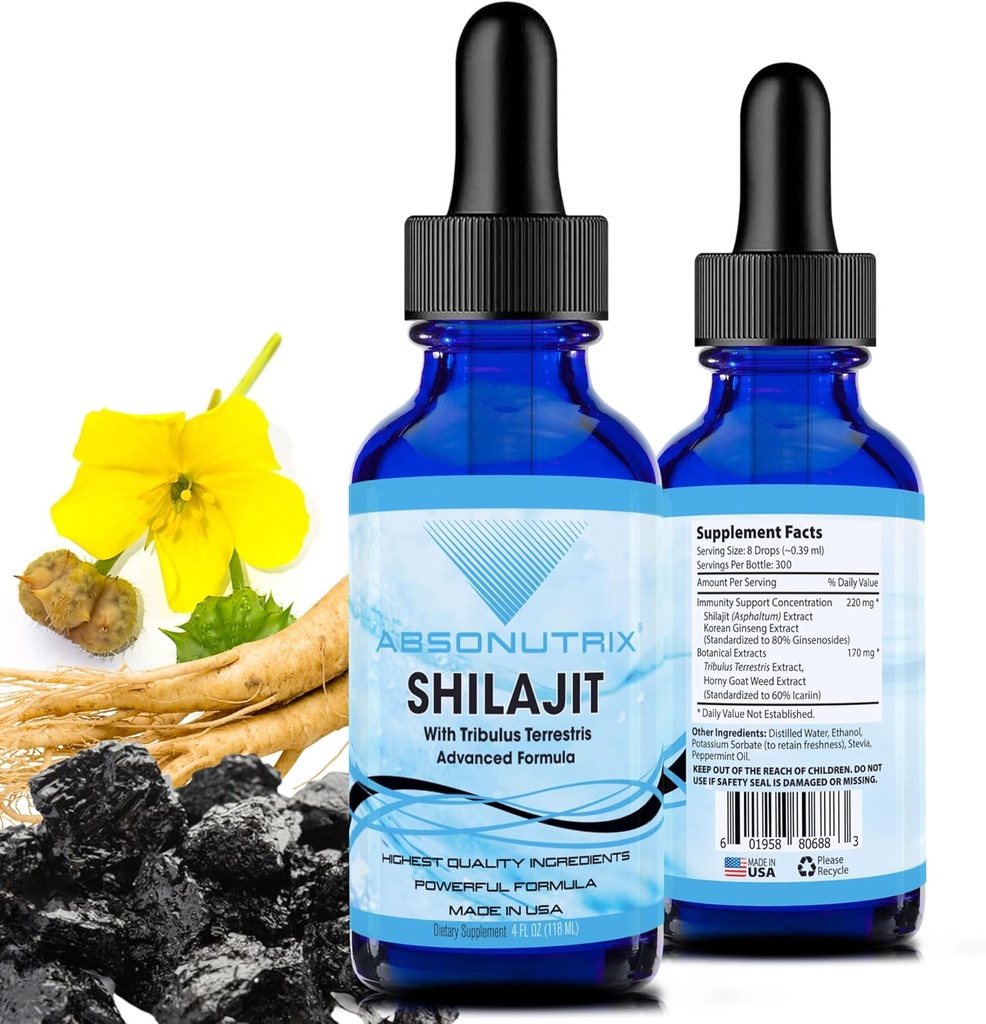 Absonutrix Shilajit cu Tribulus Terrestris 390 mg, 4 Oz lichid, 300 Servings, Made in USA, Absorbtie rapida, Ingrediente de calitate, non-GMO, GMP Instrument certificat, Produse Cruzimea-Free