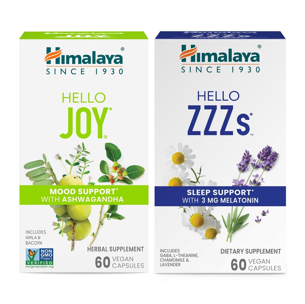 Himalaya Bună ziua Bucurie cu Ashwagandha pentru Îmbunătățirea Mood and Spirits & Hello ZZZs cu Melatonina pentru Sleep Support, 60 Capsule Fiecare - Bundle