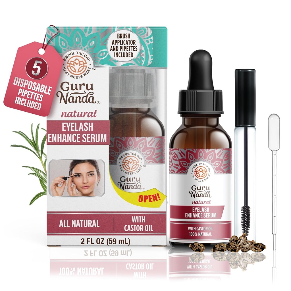 GuruNanda Natural Castor Oil Gellash Îmbunătățește serul cu ulei de Rosemary - Perie Aplicator & 5 Pipete, Ajută la creșterea părului natural pentru sprâncene și berbe, 2 Fl Oz