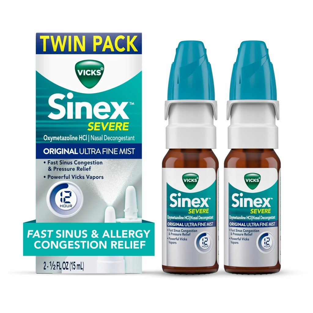 Vicks Sinex SEVERE Alergie & Sinus Nasal Spray, Original Ultra Fine Mist, Decongestant Medicina, Relief de Congestie Nasală din cauza rece sau alergie, Sinus Relief de presiune, 265 Spray-uri x 2