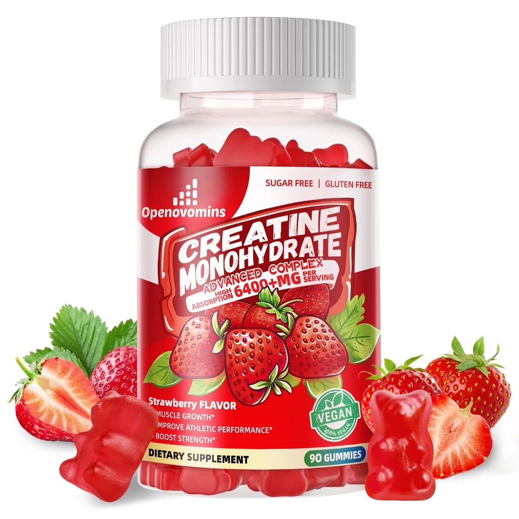 Complex de gume monohidratate pentru bărbaţi şi femei - Formula avansată W/L-Taurină + Vitamina B12, Supliment masticabil fără zahăr,90 Gume de căpşuni