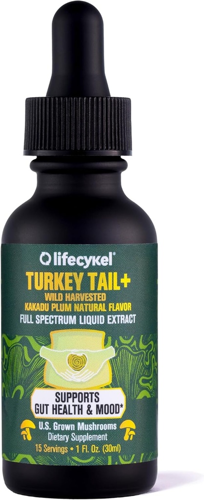 Life Cykel - Turcia Tail Mushroom Lichid Extract cu Kakadu Plum - Immune Support & Digestive Health Prebiotic Supliment - Vegan, Non-GMO și Gluten gratuit - 1 Fl Oz